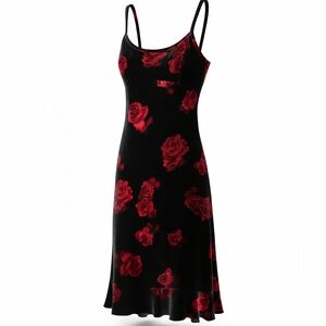 Vintage Black Velvet Slip Dress with Red Rose Print